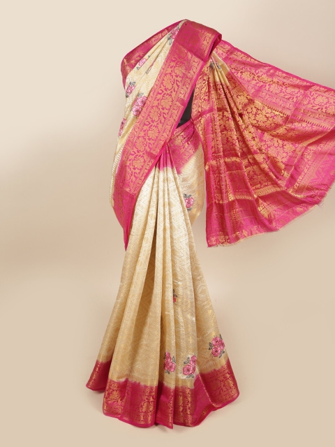 

Pothys Cream-Coloured & Magenta Woven Design Tissue Saree