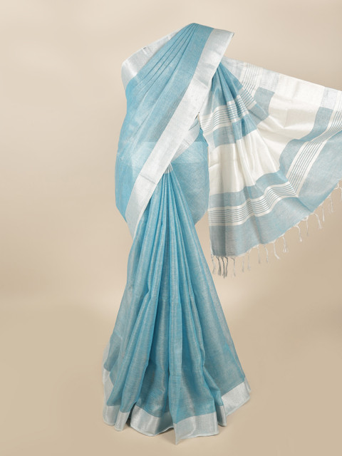 

Pothys Blue & Silver-Toned Zari Linen Blend Saree