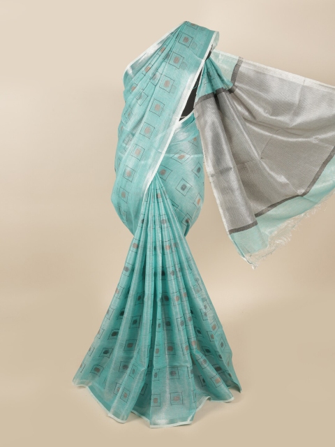

Pothys Blue & Silver-Toned Printed Zari Linen Blend Saree