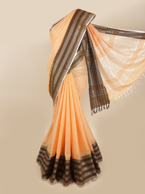 

Pothys Peach-Coloured & Brown Zari Linen Blend Saree