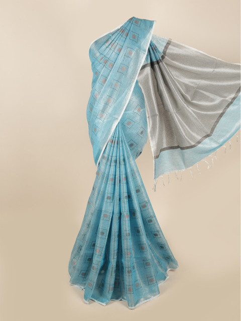 

Pothys Blue & Silver-Toned Printed Zari Border Linen Blend Saree