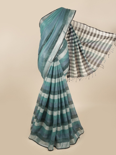 

Pothys Green & Grey Striped Zari Linen Blend Saree