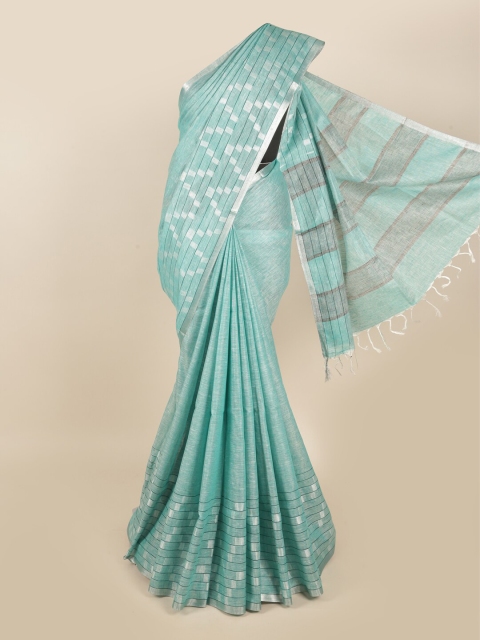 

Pothys Green & Silver-Toned Zari Linen Blend Saree
