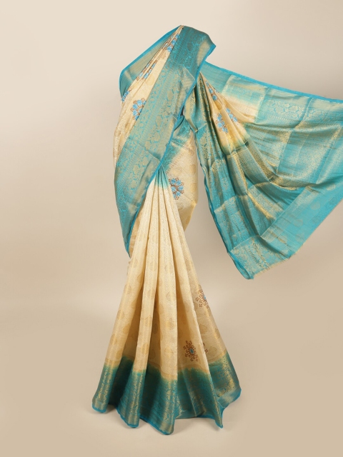 

Pothys Cream-Coloured & Blue Floral Tissue Saree