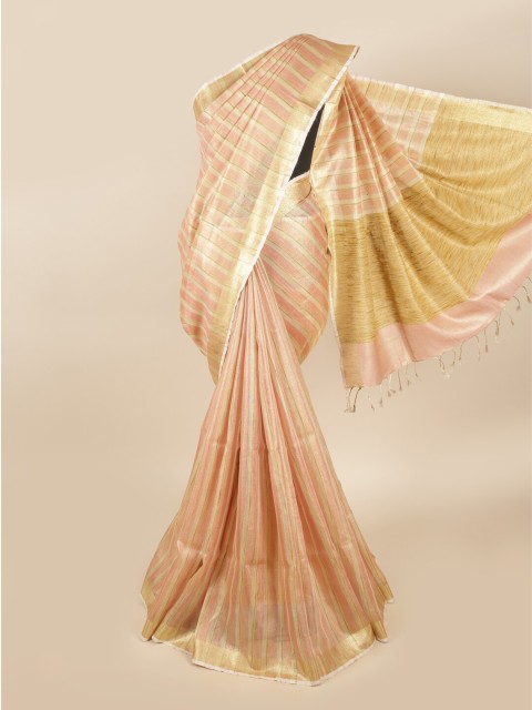 

Pothys Peach-Coloured & Silver Striped Zari Linen Blend Saree