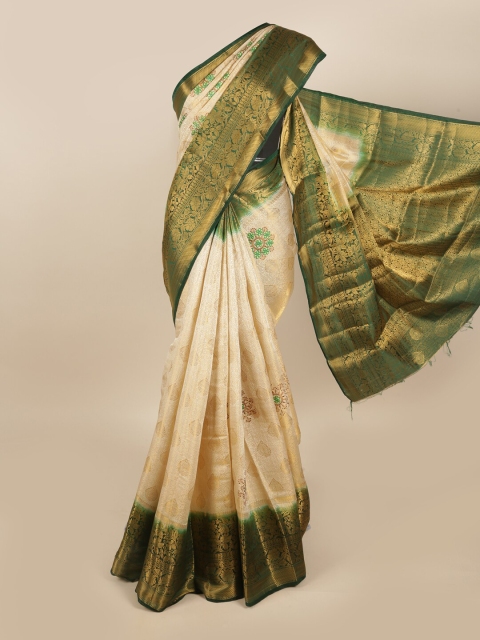 

Pothys Cream-Coloured & Green Embroidered & Woven Designed Tissue Saree