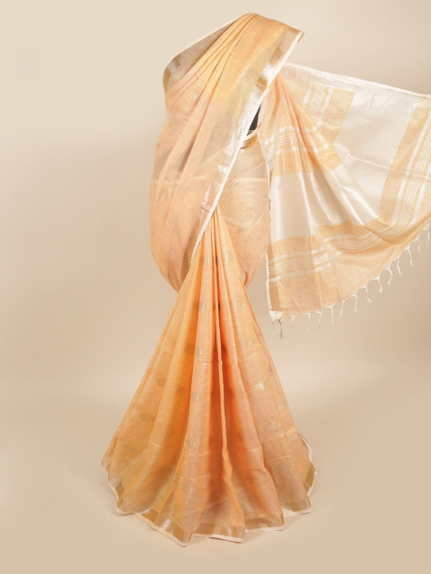 

Pothys Orange & Silver-Toned Zari Linen Blend Saree