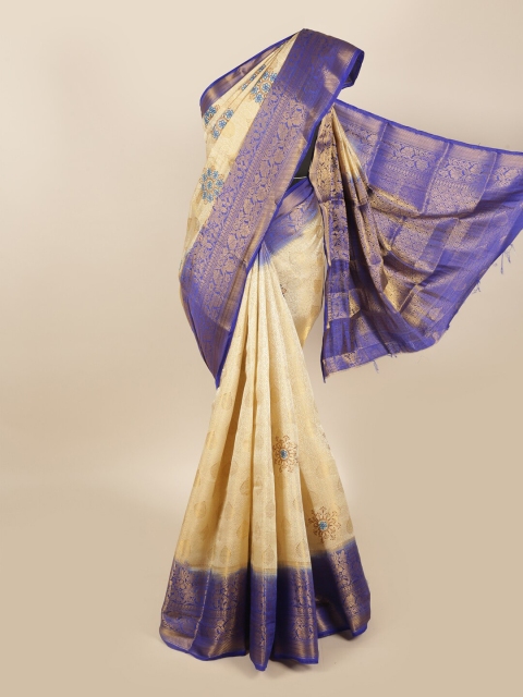 

Pothys Cream-Coloured & Blue Floral Zari Tissue Saree