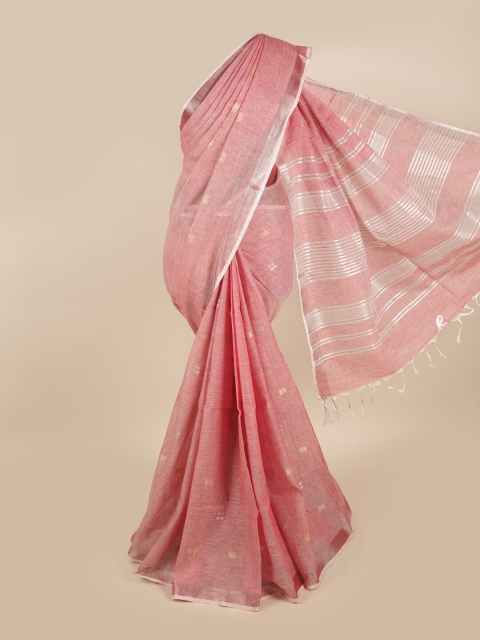 

Pothys Pink & Silver-Toned Floral Zari Linen Blend Saree