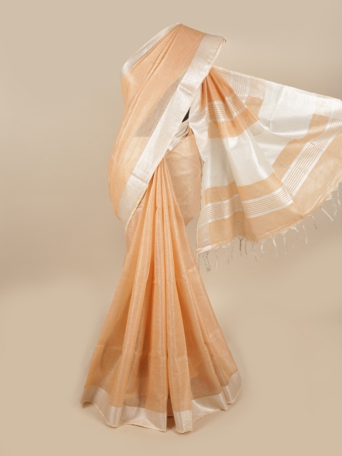 

Pothys Orange & Silver-Toned Zari Linen Blend Saree