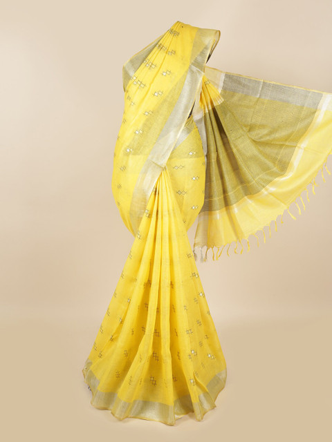 

Pothys Yellow & Silver-Toned Woven Design Linen Blend Saree