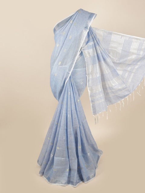 

Pothys Blue & Silver-Toned Floral Zari Linen Blend Saree