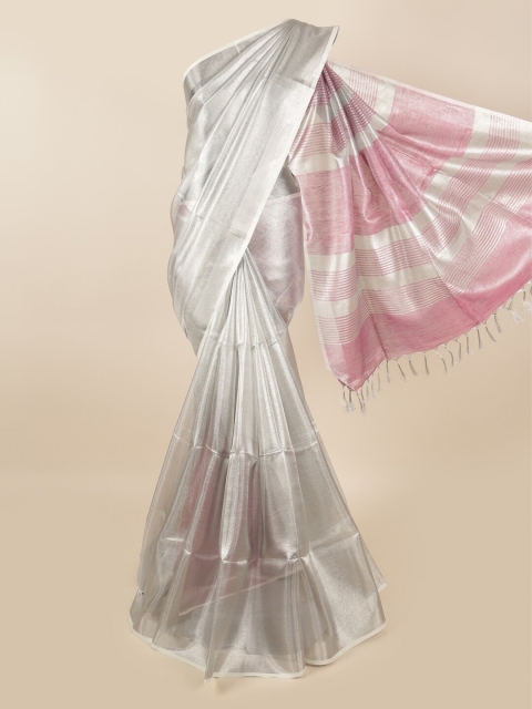 

Pothys Silver-Toned & Pink Zari Linen Blend Saree