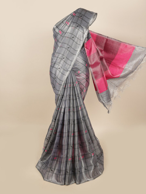 

Pothys Grey & Pink Checked Embroidered Linen Blend Saree