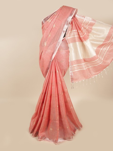 

Pothys Pink & Silver-Toned Woven Design Zari Linen Blend Saree