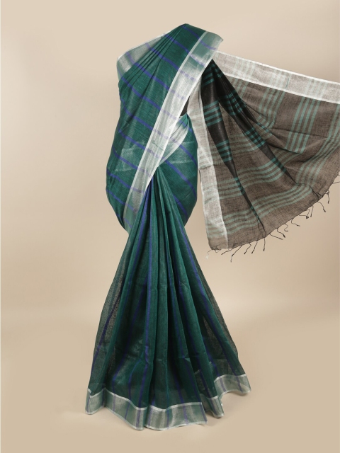 

Pothys Green & Silver-Toned Striped Zari Linen Blend Saree