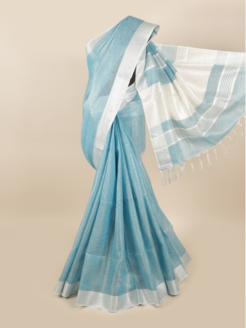 

Pothys Blue & Silver-Toned Zari Linen Blend Saree