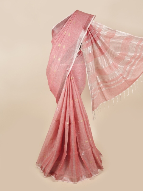 

Pothys Pink & Silver-Toned Woven Design Zari Linen Blend Saree