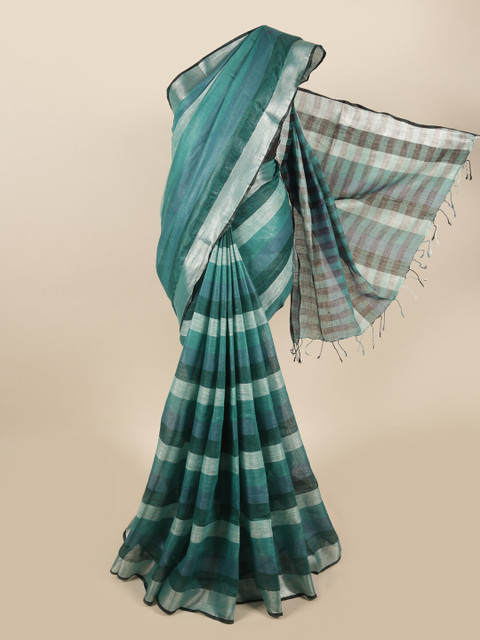 

Pothys Green & Silver-Toned Striped Linen Blend Saree