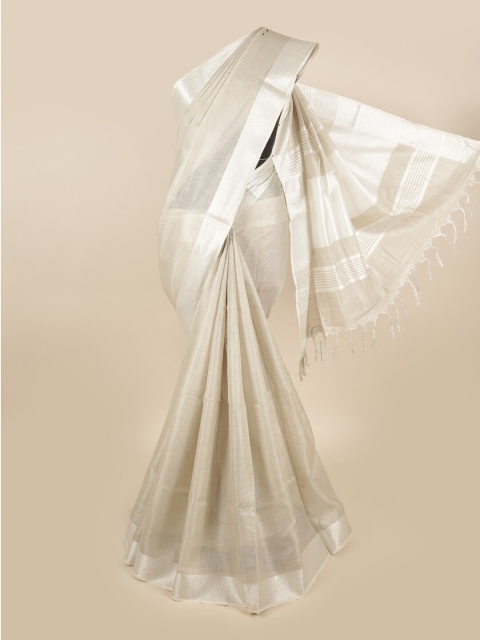 

Pothys Off White & Silver-Toned Zari Border Linen Blend Saree