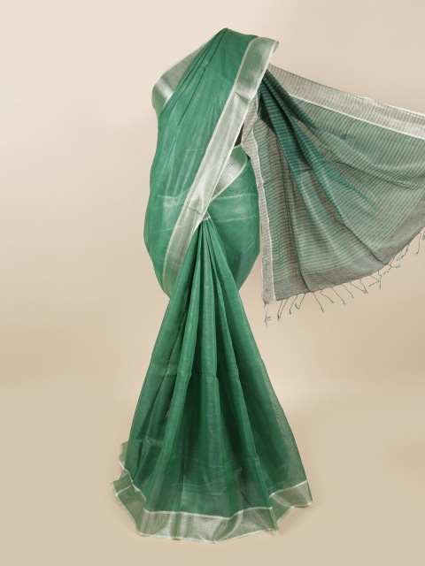 

Pothys Green & Silver-Toned Woven Designed Linen Blend Saree