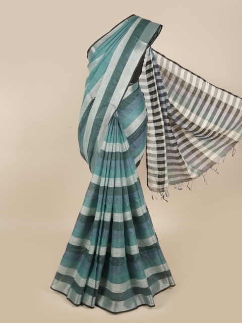 

Pothys Teal & Silver-Toned Striped Zari Linen Blend Saree