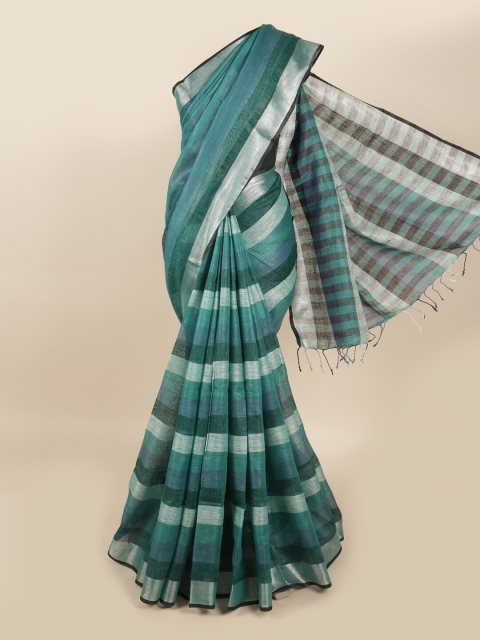 

Pothys Green & Blue Striped Zari Linen Blend Saree