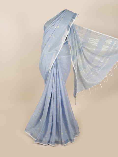 

Pothys Blue & Silver-Toned Woven Design Zari Linen Blend Saree