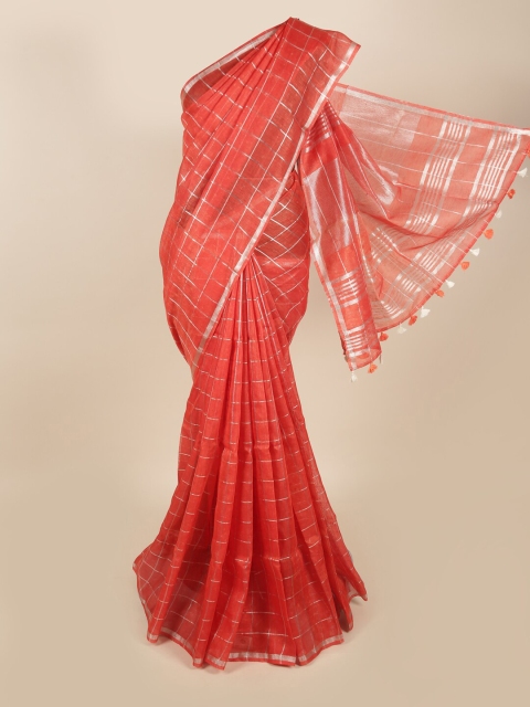 

Pothys Red & Silver-Toned Checked Zari Linen Blend Saree