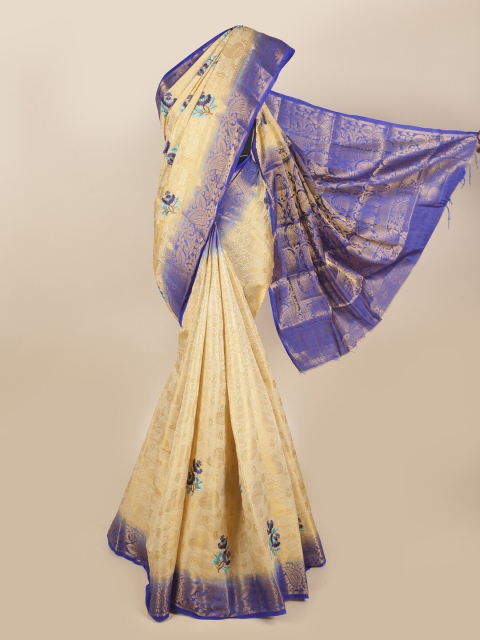 

Pothys Cream-Coloured & Blue Ethnic Motifs Tissue Saree