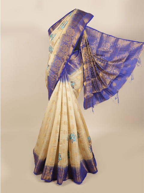 

Pothys Cream-Coloured & Blue Woven Design Embroidered Tissue Saree
