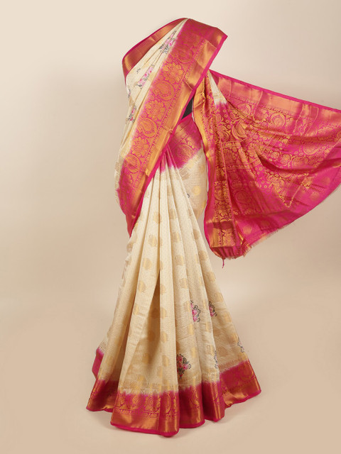 

Pothys Cream-Coloured & Pink Woven Designed Tissue Saree