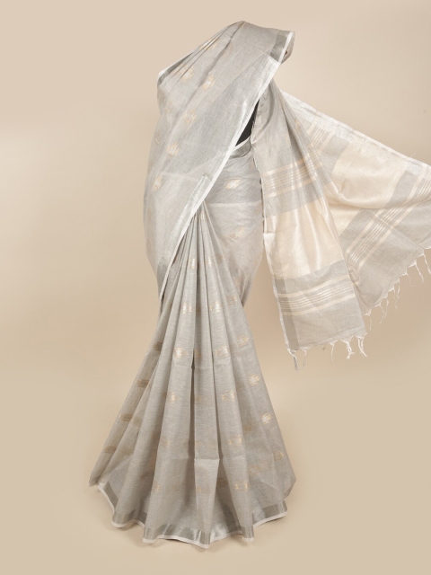 

Pothys Silver-Toned & Gold-Toned Woven Design Zari Linen Blend Saree