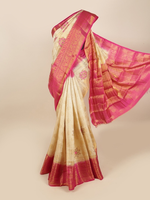 

Pothys Cream-Coloured & Pink Ethnic Motifs Zari Tissue Saree
