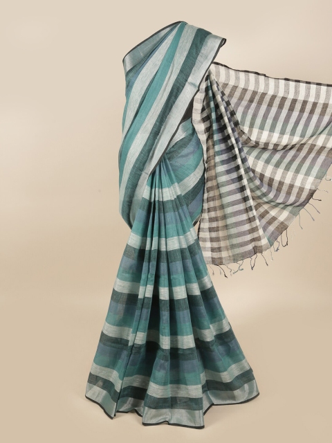 

Pothys Green & Silver-Toned Striped Zari Linen Blend Saree