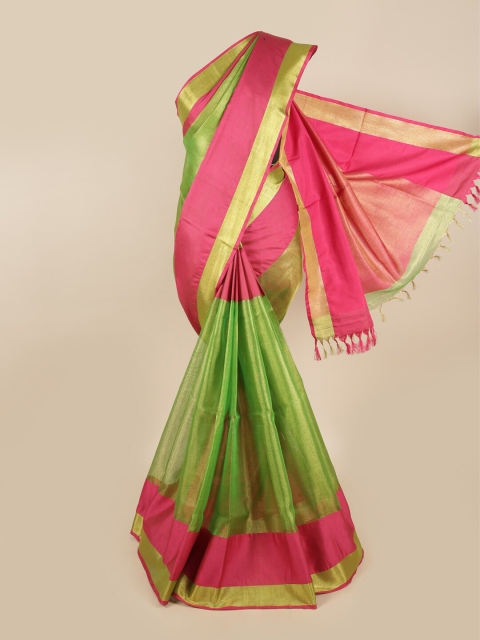 

Pothys Green & Gold-Toned Ombre Zari Border Linen Blend Saree