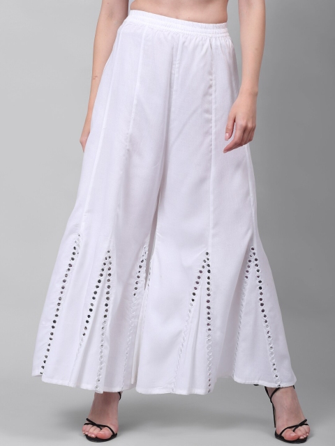 

NEUDIS Women White Hem Design Mirror Work Flared Ethnic Palazzos