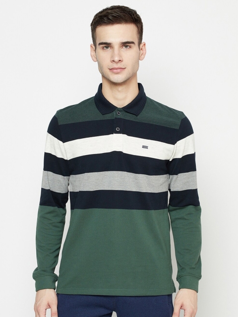 

METTLE Men Olive Green & Black Striped Polo Collar T-shirt