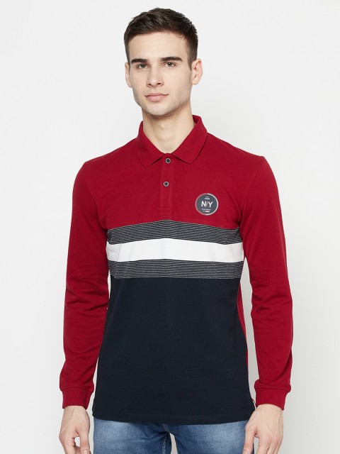 

METTLE Men Maroon & Navy Blue Striped Polo Collar T-shirt