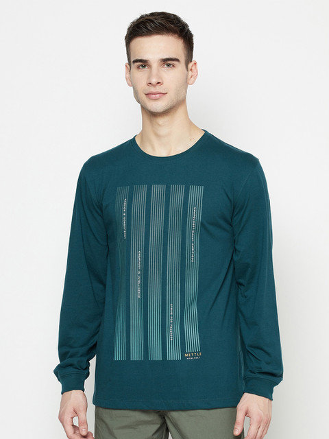 

METTLE Men Teal Striped T-shirt