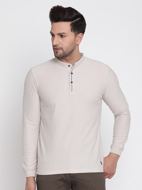 

METTLE Men Cream-Coloured Mandarin Collar T-shirt
