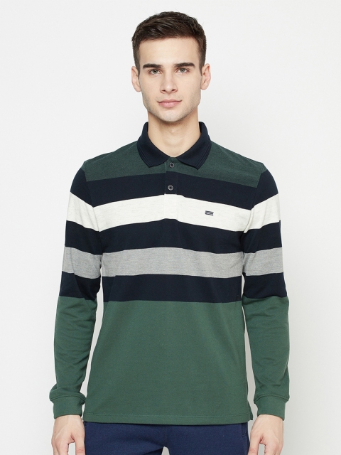 

METTLE Men Olive Green & Black Striped Polo Collar T-shirt