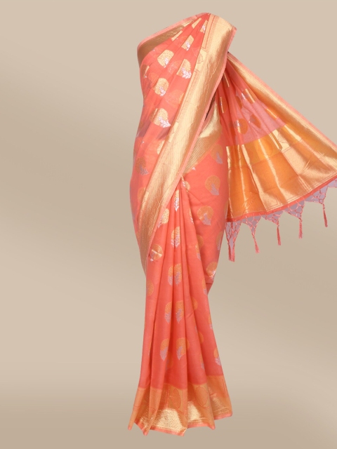 

The Chennai Silks Pink & Gold-Toned Woven Design Zari Chanderi Saree