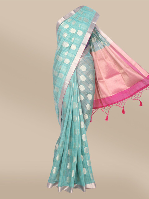 

The Chennai Silks Green & Pink Ethnic Motifs Zari Silk Cotton Maheshwari Saree