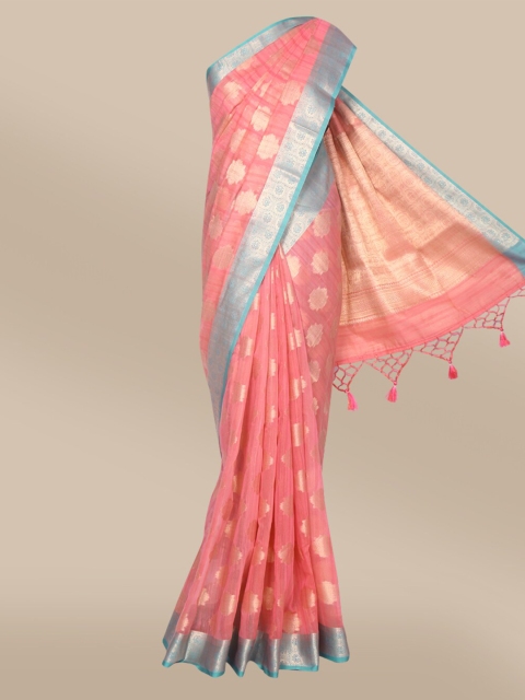 

The Chennai Silks Rose Pink & Blue Floral Silk Cotton Fusion Maheshwari Saree
