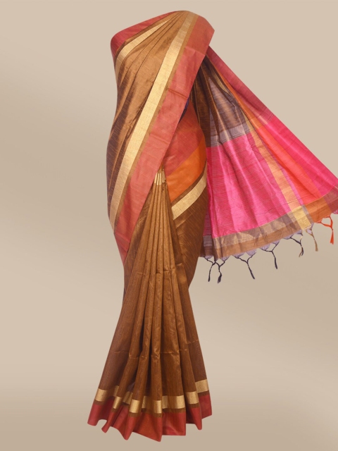 

The Chennai Silks Brown & Gold-Toned Zari Fusion Saree