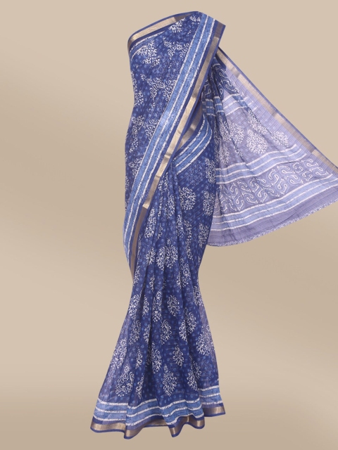 

The Chennai Silks Navy Blue & White Floral Zari Fusion Bhagalpuri Saree