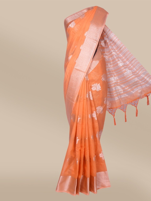 

The Chennai Silks Orange & Silver-Toned Ethnic Motifs Zari Chanderi Saree
