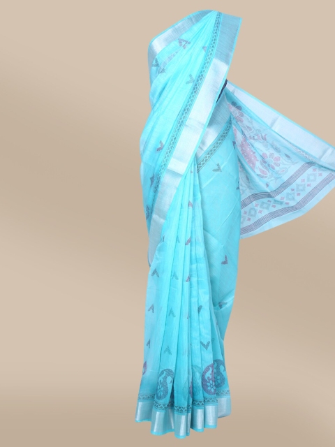 

The Chennai Silks Turquoise Blue & Silver-Toned Paisley Fusion Bhagalpuri Saree