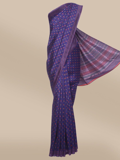 

The Chennai Silks Navy Blue & Red Floral Fusion Bhagalpuri Saree